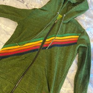AVIATOR NATION RARE WOMANS GREEN ZIP UP HOODIE WITH diagonal stripe.  Size M